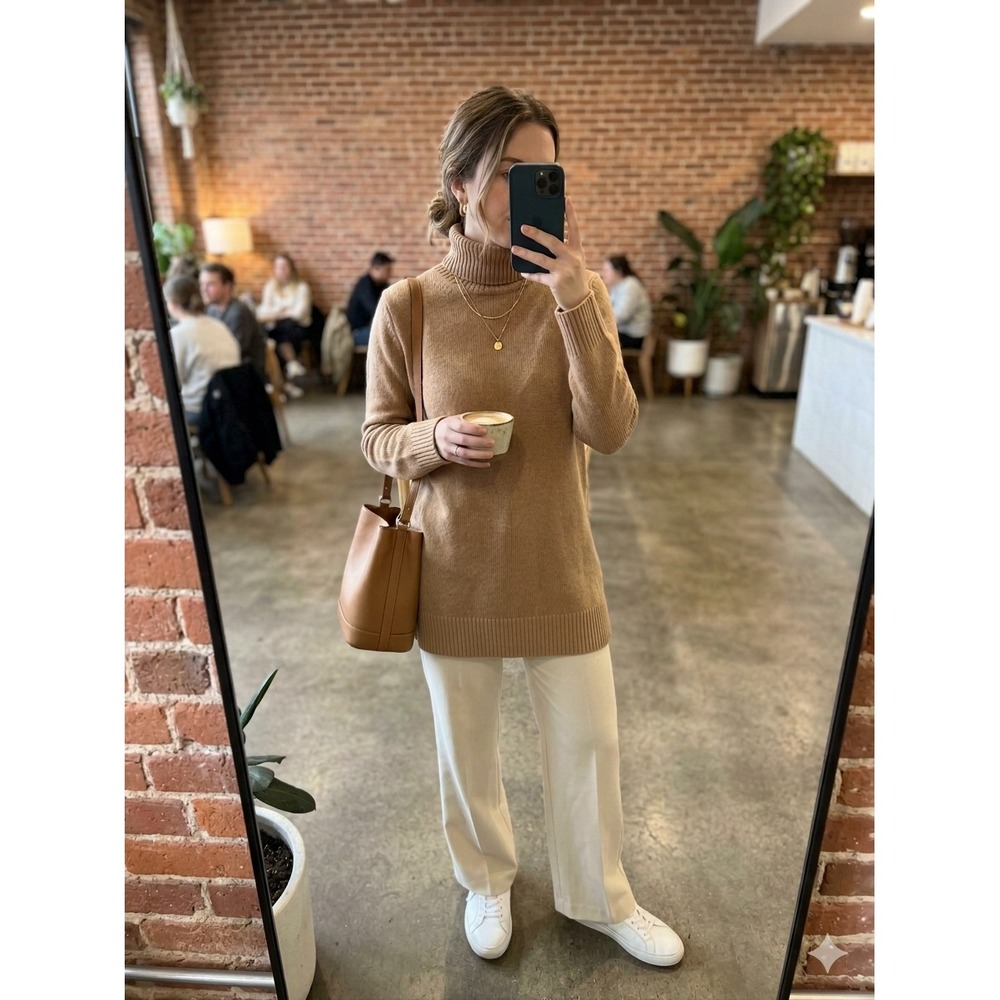 Zara 100% Cashmere Tunic Turtleneck Sweater - Camel Tan - 30" Length Size Medium
